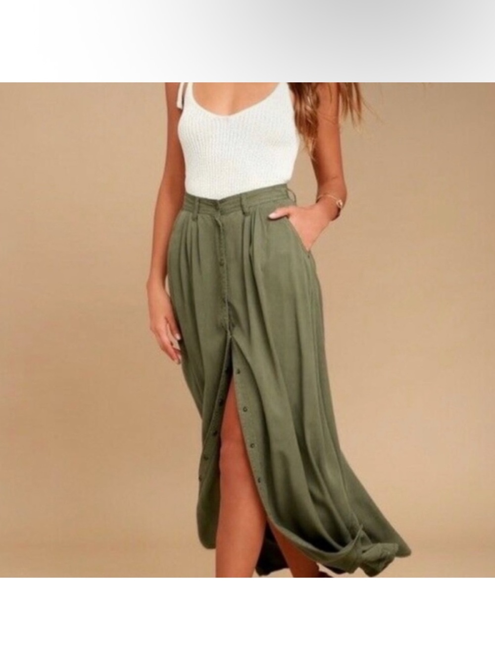 Olive Green Button-Front Maxi Skirt